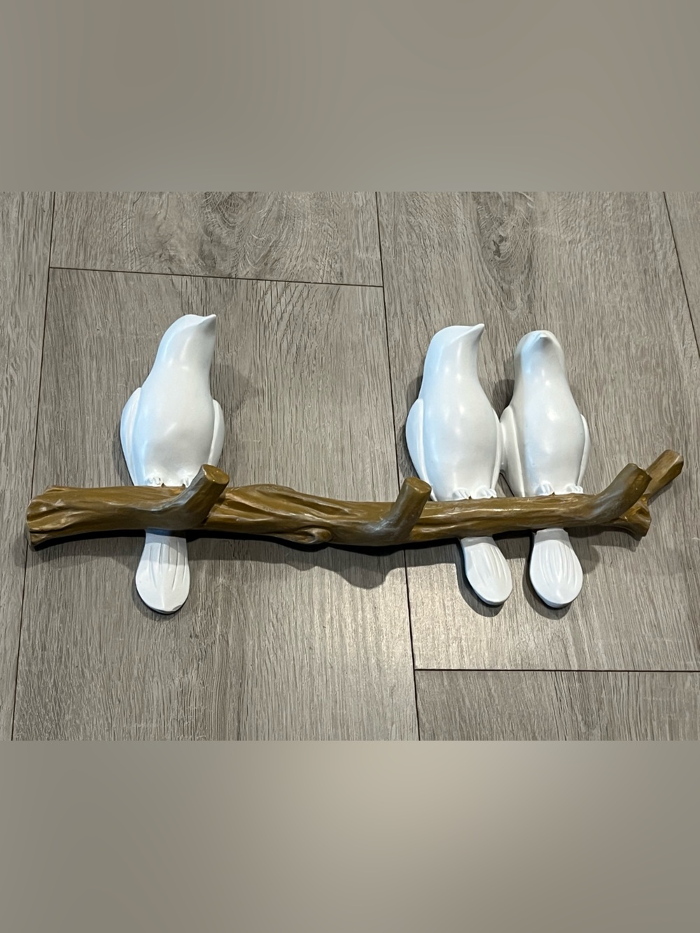 Ceramic White Bird Trio on Faux Wood Branch Wall coat/ hat rack